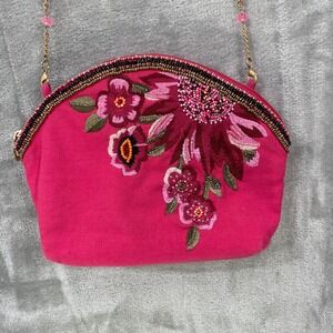 Mary Frances Floral Bag Beaded Embroidered Handbag Pink Purse Small Gold Chain